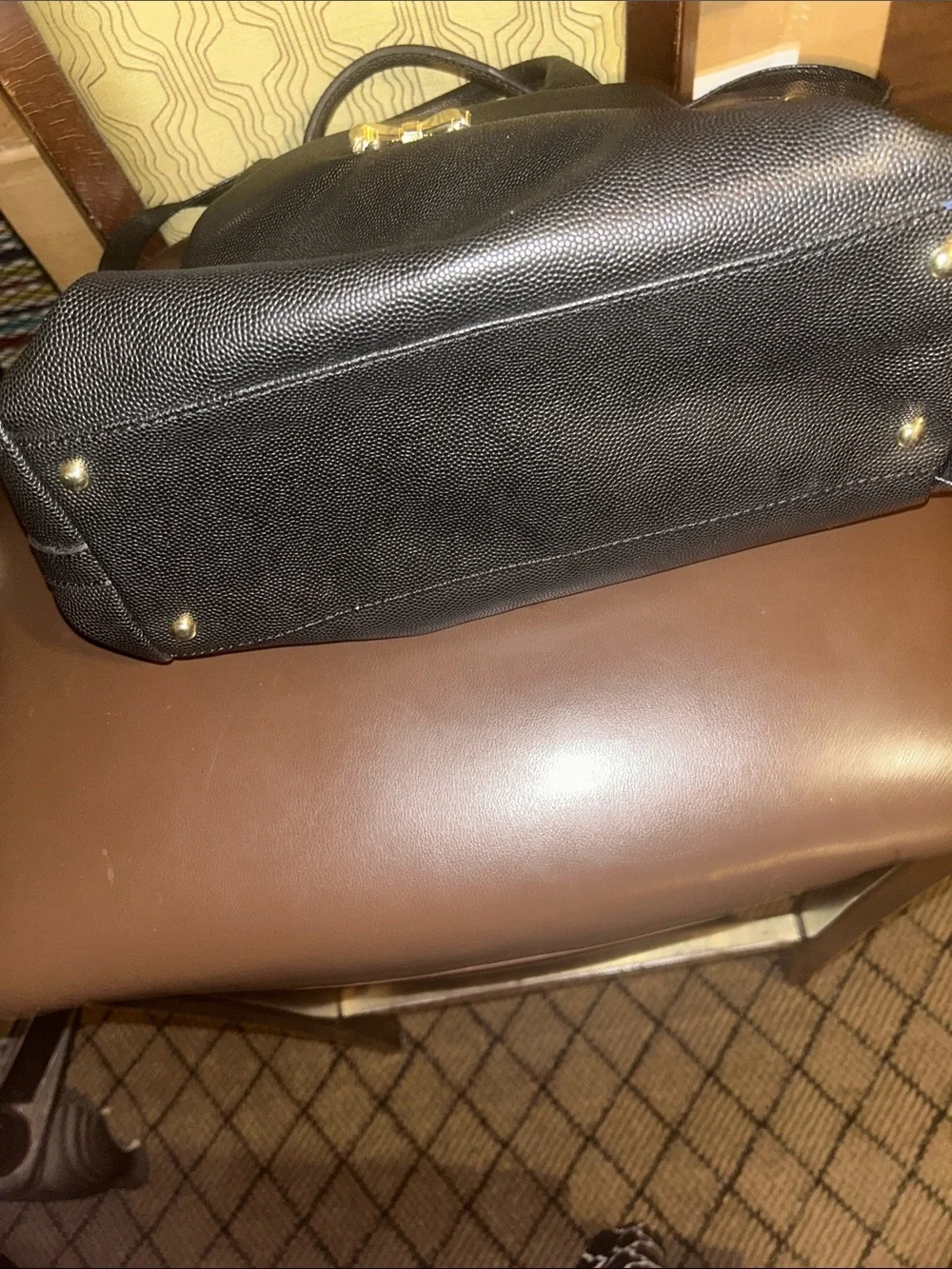 Tahari Black Pebbled Satchel with Gold Bow Hardware